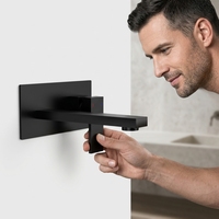 Mitigeur de lavabo encastré haut de gamme noir, bec en laiton de 20,5 cm, panneau mural en acier inoxydable, corps épais, poignée en zinc