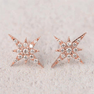 Pendientes de Lujo con Diamantes en Forma de Estrella, Oro Sólido de 18K, Corte Brillante Redondo, Engaste de Garra, para Uso Diario de Mujer, Oro Rosa - Product Image 4