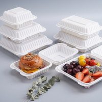 LR Récipient biodégradable à couvercle articulé à clapet 9 pouces 3 compartiments Boîte alimentaire jetable en fécule de maïs Récipient pour nouilles et riz