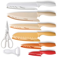 Ensemble de couteaux de cuisine en acier inoxydable 14 pièces avec manche en plastique, couteau à pain, ciseaux, éplucheur et étuis de sécurité