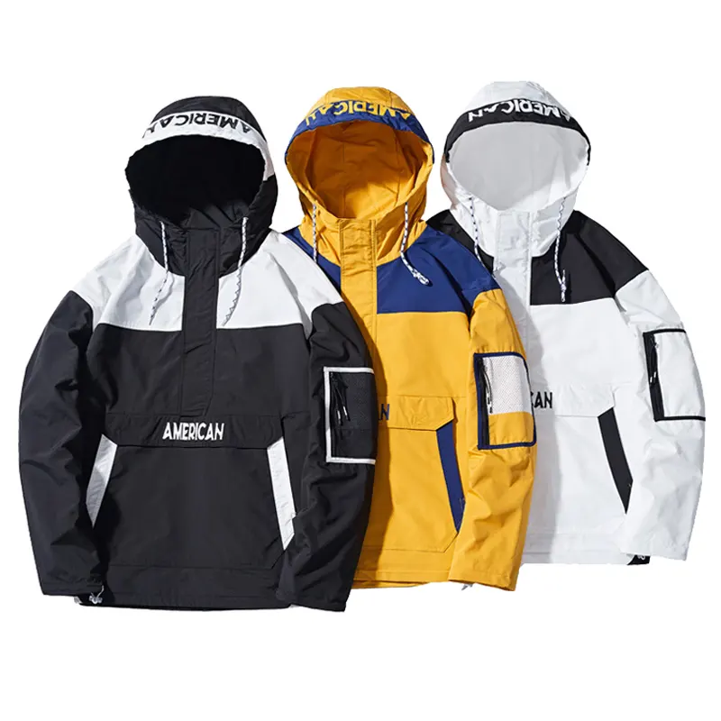 Lanwo Hip Hop Canvas Pullover Jackets For Men Custom Logo Streetwear Anorak Outdoor Patchwork Hooded Men Windbreaker Jacket