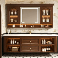 Ensemble de meubles de salle de bain de luxe en bois de noyer avec porte en verre cintrée, armoire flottante et miroir LED intelligent – Fabrication OEM/ODM sur mesure