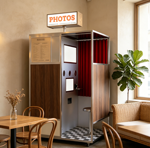 Photomaton en bois au design rétro avec écran tactile et imprimante, taille personnalisable, complet pour location de mariage - Product Image 1