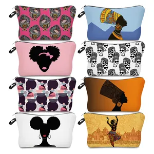 Sac de maquillage imprimé pour filles afro-américaines, organiseur de maquillage Portable, petite pochette zippée