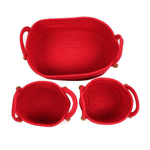 Ensemble de 3 paniers de rangement en coton tissé rond multicolores Pompons rouges pour cadeau de Noël - Product Image 3