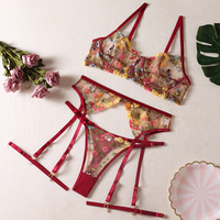 Soutien-gorge à fleurs jaune perspective sexy jarretière string anneau de jambe ensemble de lingerie