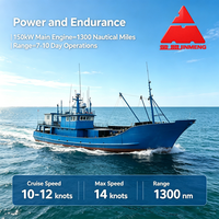 Bateau de pêche en acier bleu pour la pêche en haute mer à vendre, grand navire de pêche commercial avec GPS, AIS, détecteur de profondeur et équipement de pêche complet