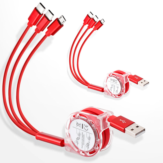 High Quality 3 in 1 Charging Cable 2.1A Multi-function Phone Charger Cable Retractable Usb Cable with Crystal Reel Box