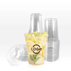 Disposable Plastic Bubble Tea Milkshake Coffee Cup With Lid Take Away Custom Printed PET Cold Coffee Beverage Drinking Cups