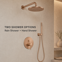 Ensemble de douche pluie en céramique finition or rose avec douchette à main, flexible de douche et support mural