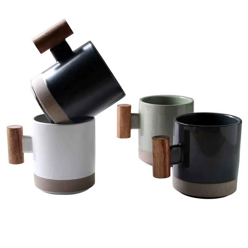 Tasse en porcelaine pour maison/restaurant/hôtel, différents styles sous tasse émaillée tasse en céramique avec poignée en bois en stock