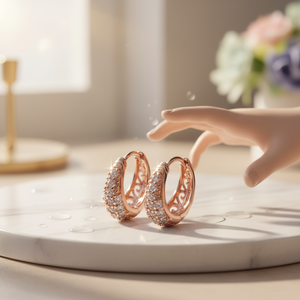 Boucles d'oreilles créoles tendance en or rose 14 carats avec micro-incrustation de diamants véritables taille brillant rond pour enfants et femmes - Product Image 3