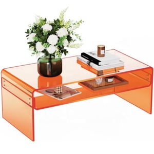 Homary Acrylic End <strong>Table</strong> Round Side <strong>Table</strong> Acrylic <strong>Record</strong> <strong>Player</strong> <strong>Table</strong> with Storage Shelf Clear Side Nightstand (Orange) - Product Image 1