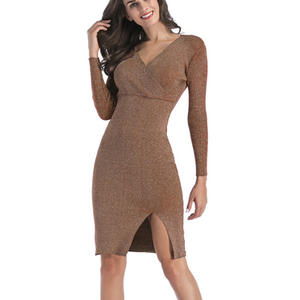 Vestito aderente con scollo a V <span class=keywords><strong>da</strong></span> <span class=keywords><strong>donna</strong></span> AW18 maglione <span class=keywords><strong>da</strong></span> notte Sexy con spacco laterale a lunga lunghezza maglione <span class=keywords><strong>da</strong></span> <span class=keywords><strong>sera</strong></span> corto per l'autunno - Product Image 5