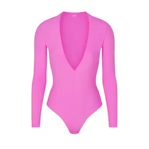 Bodysuit leher plunge dalam super elastis Sangat Memesona kualitas tinggi Logo kustom untuk wanita