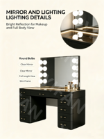 Coiffeuse et commode de luxe moderne en panneaux de bois, finition noire brillante, quincaillerie dorée, éclairage LED, rangement, miroir amovible pour chambre à coucher