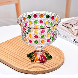 Cuenco de Cristal Decorativo de Mesa con Base Alta, Diseño de Diamantes, Pintado a Mano con Puntos Coloridos, Gran Copa de Cristal para Dulces, Frutas y Aperitivos - Product Image 1