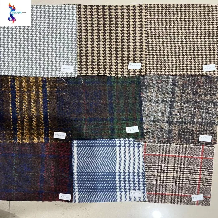 Keqiao Jiaolan Textil garn gefärbt Tweed Stoff Großhandel Wolle Karos Stoff Caot Stoff Stock lot Plaid Polyester Wolle Stoff