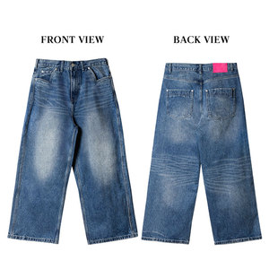<span class=keywords><strong>Jeans</strong></span> Larghi da <span class=keywords><strong>Uomo</strong></span> YUCE in Denim Azzurro con Motivo Whisker sul Retro, Streetwear con Logo Personalizzato, Pantaloni Casual Utility - Product Image 2