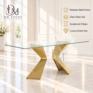 Table à manger de luxe en acier inoxydable avec plateau en verre transparent, base sculpturale en Z, mobilier moderne pour événements et mariages - Product Image 1