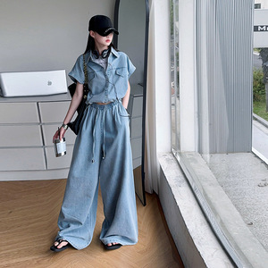 Ensemble 2 pièces pour adolescente 2026 : Chemise <span class=keywords><strong>d</strong></span>écontractée à manches courtes en jean fin bleu clair + Jean large - Product Image 1