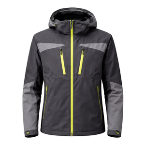 Veste de ski imperméable pour homme avec capuche, blocs de couleur et fermeture éclair, noire et grise avec accents jaunes fluo - Product Image 3