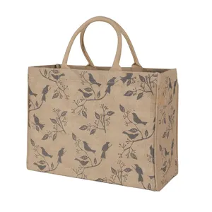 Bolsa de yute laminada a mano con estampado de pájaro de mercado de gran capacidad con bolsillo Interior con cremallera para Compras de moda