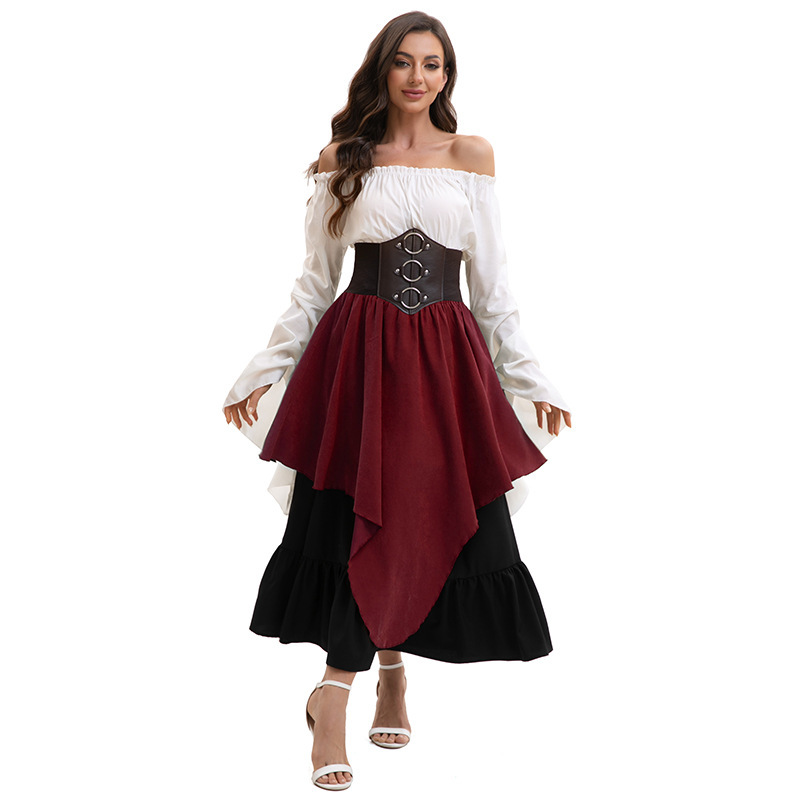 Top blanco con cintura ceñida y falda midi roja