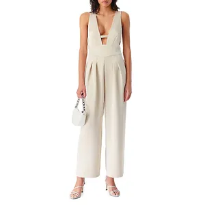 Women Custom Sexy Sleeveless Low-cut V-neckline Summer Casual Jumpsuit Wide Cropped Legs Satiny Romper