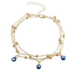 Bohemen Drie Lagen 18K Gouden Ketting Blauw Oog Enkelbandje Armband Kalkoen Kwade Ogen Enkelband Voor Vrouwen