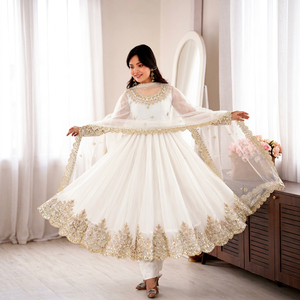 Ensemble de costume Anarkali blanc Doremon avec broderie dorée et dupatta, séchage rapide, longueur au sol, tenue de mariage indienne/pakistanaise pour femme - Product Image 1