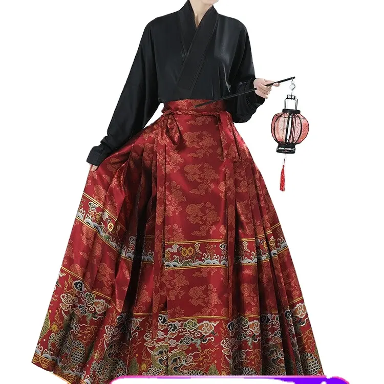 Red Silk Satin Chinese Embroidered Skirt With Chrysanthemum Motif Women Adult Mamianqun