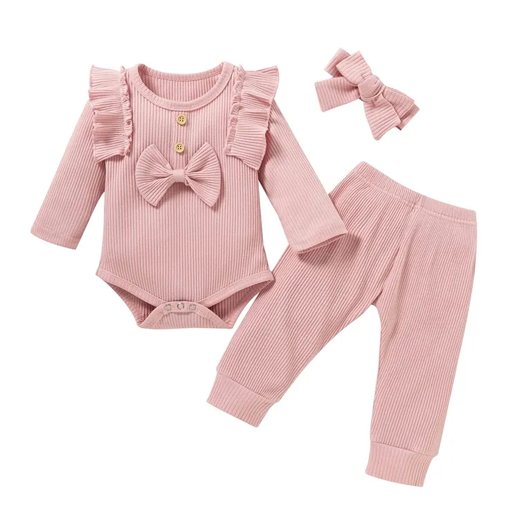 Solid Color Baby Girl Clothes Set Winter Long Sleeve Romper with Pants Infant Cotton Romper Outfits