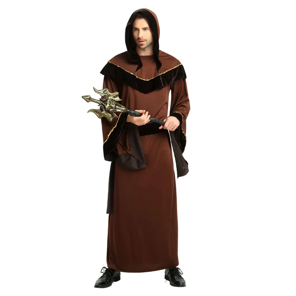 Adults Horrored Male Brown Robe Wizard Cosplay Clothing Devil Halloween Costume with Hat for Roleplaying Party