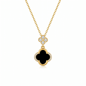 Ensemble de bijoux trèfle porte-bonheur classique noir et blanc avec chaîne en acier inoxydable - Product Image 2