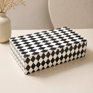 Luxury <b>Black</b> White Checkered Resin Storage Box with Lid Decorative Tabletop Organizer Available in Bulk Quantity Price - Product Image 1
