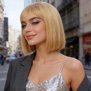 Peluca Corta Rubia BOB de Fibra Sintética Futura, al por Mayor, Lista para Enviar, sin Encaje, Servicio OEM con Logotipo Personalizado para Fabricantes - Product Image 2