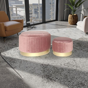 Ensemble <span class=keywords><strong>de</strong></span> deux poufs <span class=keywords><strong>de</strong></span> rangement ronds modernes en velours plissé avec cadre en tissu et en métal pour le salon - Product Image 1