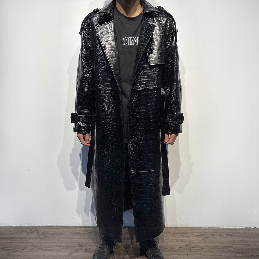 Crocodile Pattern Male Long Real Leather Coat - Mens Trench Coat
