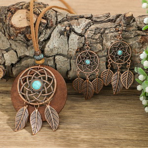 Conjunto de collar y aretes Bohemian Dreamcatcher, aleación de cobre, chapado en bronce antiguo, diseño de plumas, conjunto de joyería para mujer - Product Image 1