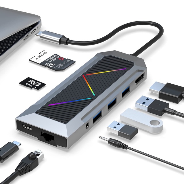 Fox RGB USB-C Hub Multiport Adapter 9-in-1 Laptop Hub Docking Station with HDMI 4K 60Hz,Gigabit Ethernet,100W PD,3.5mm Audio