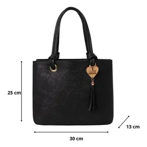 Sac à main en cuir noir pour femme Fana Kara, style minimaliste, fermeture ouverte, décorations à pompons, utilisation estivale, forme rectangulaire, deux poignées - Product Image 4