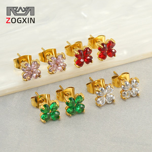 Zogxin Stud Earrings 18K Gold Plated Zircon Four Leaf Clover Women Fashion Jewelry - Product Image 1