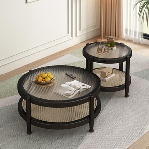 Rushan Furniture Solid Wood Rattan Glass <b>Coffee</b> <b>Table</b> Round Living Room <b>Small</b> Apartment Tea <b>Table</b> With Storage Walnut Color - Product Image 4