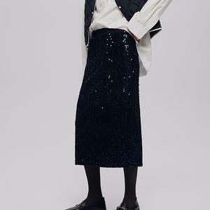 秋のODMブラックファッションスパンコールバックスリットスカートハイウエストストレートヒップマキシスカートスパンコールベルベットスカート - Product Image 1