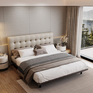 Letto in Pelle, Stile Moderno <span class=keywords><strong>e</strong></span> Semplice di Lusso, Struttura in Legno Massello, Testiera in Pelle, Letto Matrimoniale Crema per Camera da Letto Principale - Product Image 3