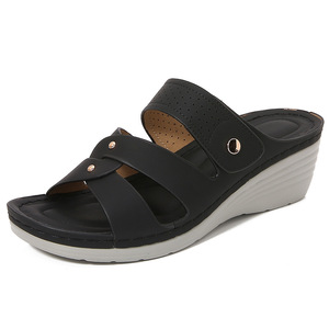 Black PU Wedge <b>Sandals</b> Open Toe Slip-On Mid Heel Comfort Summer Shoes Breathable Light Weight Anti-Slip Buckle Decoration - Product Image 3