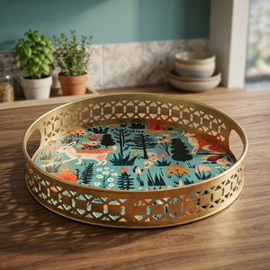 Plateau de service en métal doré avec motif floral forestier et poignées pour usage résidentiel - Product Image 6