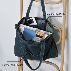 <span class=keywords><strong>Sac</strong></span> fourre-tout d'épicerie imperméable écologique personnalisé sacs à provisions à fermeture éclair en denim uni à motif de points à bas <span class=keywords><strong>prix</strong></span> pour les achats à la plage - Product Image 3