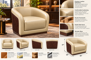 Fauteuil d'appoint en cuir crème de qualité supérieure avec base en bois sculpté, rembourrage doux et design ergonomique incurvé pour les zones de réception - Product Image 2
